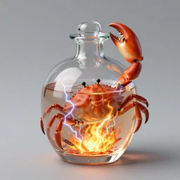 potion with crab claw in it and lightning bolts and fire