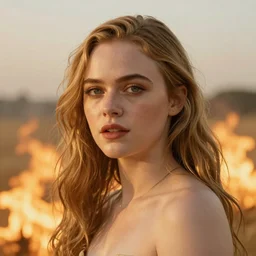Elle Fanning in a flaming field, head and shoulders masterpiece, apocalypse, golden hour, cosmic horror, artstation, in the style of Andrew Wyeth and Edward Hopper, extremely detailed
