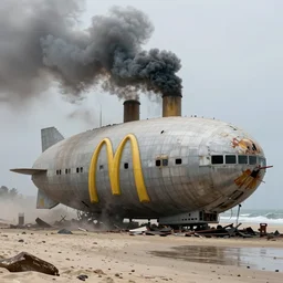 a derelict immense mcdonald's airship with yellow golden arches logo and tall smoke stacks crashed and broken on the beach, fast food restaurant color scheme, thick black smoke billowing, overcast, dystopian, bad vibes, photorealistic, sharp focus, hyper detailed, octane render