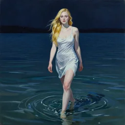 a striking hyper real painting of Elle Fanning walking on water at night by Quint Buchholz