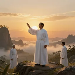 a white black asian cleric casts a spell to reveal the sun in the middle of a stunning fantasy landscape during sunset, golden hour, by daniel conway, greg rutkowski and andreas rocha, highly detailed, soft illumination, fantasy, concept art, trending on artstation, sharp focus, hasselbrad photography, beautiful digital art