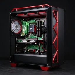 black and red, Computer case made of Red welded rods, with glass sides and a green motherboard