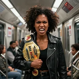 color photo of an angry black female champion in the subway, dynamic lighting, cinematic tone.