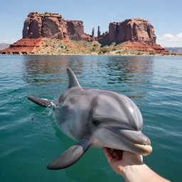 selfie of a dolphin with a flooded monument valley in the background