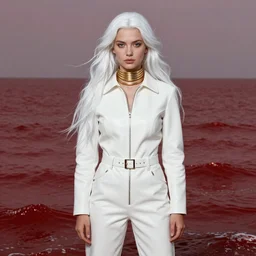 portrait of a beautiful slavic girl, with long white hair, in a white leather jumpsuit, standing in the middle of a red sea, very beautiful style, her neck in gold rings, photorealism john singer sargent, edgard maxence