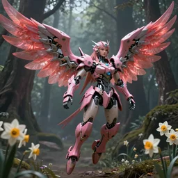 a female saints like mecha daffodils made of mecha with a huge wings is flying in the fantasy forest by merriam, daniel, intricate mechanical details, futuristic, 2 k aesthetic, dramatic lighting, concept art, 4 k, 3 d octane render, pink and red colors, provenance, detailed, trending on artstation
