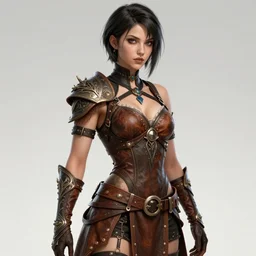 rogue, fantasy ornate leather bandit outfit!!! beautiful and athletic short hair female!! gorgeous face and eyes!! character concept art, sharp focus, octane render! unreal engine 5! highly rendered!! trending on artstation!! detailed linework!! illustration by chie yoshii, wlop, and artgerm