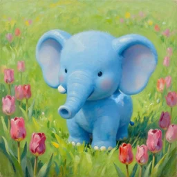 a little blue elephant on a field of tulips, high resolution 4 k, art by feng zhu and loish and laurie greasley, oilpainting