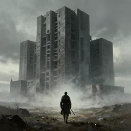 a lonely warrior walks across a landscape towards a massive brutalist building in the distance, concept art in the style of simon stalenhag