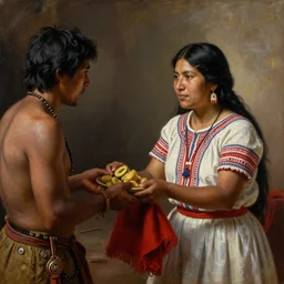 a beautiful painting of an incan woman exchanging food and fabrics with an incan man, art by christophe vacher