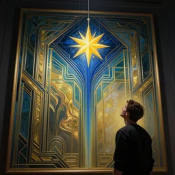 a man looking up at a star hanging from a ceiling | an art deco painting by mc escher | trending on pinterest | kinetic art | reimagined by industrial light and magic, vray tracing, volumetric lighting