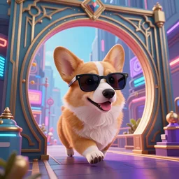 a corgi with sunglasses going through portal to a cyberpunk blade runner city, art nouveau, reylia slaby, peter gric, trending on artstation, volumetric lighting, cgsociety, unreal engine, octane, 8 k, 4 k, high definition