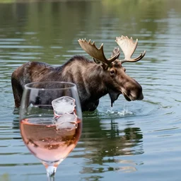 a moose swimming in a glass of rose wine with ice cubes