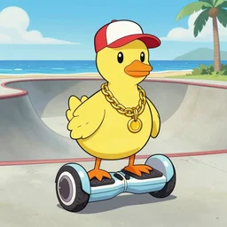 a dodo wearing a gold chain around its neck and baseball cap, on a hovering hoverboard at a skate park near the beach, 1990s cartoon