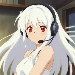 anime poster still portrait of a japanese young woman, large red eyes, white hair!!!!, long, wearing a headset in her, room interior!!!!!, detailed facial features, dynamic pose, cute face by ilya kuvshinov, makoto shinkai takashi takeuchi studio ghibli, akihiko yoshida, 4 k