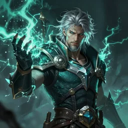 A striking epic hyper real portrait painting of hexblade warlock, teal electricity, male, shaggy silver hair, short beard, 4k, 8k, Apex Legends Concept Art, D&D Concept Art, unreal 5, DAZ, hyperrealistic, octane render, cosplay, RPG portrait, dynamic lighting