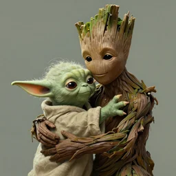 Groot hugging Yoda, highly detailed, digital painting, artstation, concept art, smooth, sharp focus, illustration, art by Krenz Cushart and Artem Demura and alphonse mucha