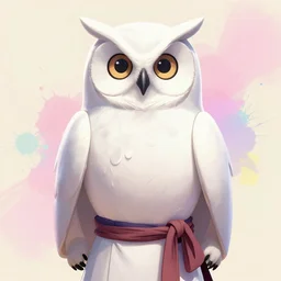 arrogant elegant medium shot of white one - eyes owl dressed in samurai garment, pixiv fanbox, dramatic lighting, maximalist pastel color palette, splatter paint, pixar and disney exploded - view drawing, graphic novel by fiona staples and dustin nguyen, peter elson, alan bean, wangechi mutu, clean cel shaded vector art, trending on artstation