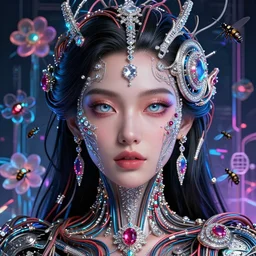 very beautiful woman integrating with technology, full face frontal centered, portrait, insipiring, detailed intricate ornate cables connected to head, big open electric eyes, luxurious detailed abundent wiring and implants, diamonds, ruby, sci - fi, neon, glow, lucious hair, detailed technology background with cyber flowers and insects, highly detailed, artstation, 8 k