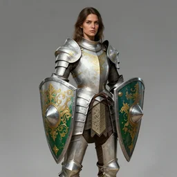 full body portrait of a rugged tanned female warrior medium length brown hair and a very highly detailed face wearing elegant white, green and gold plate mail armor intricately painted, holding a tower shield, very highly detailed, artstation, cgsociety, realistic character concept art, sharp focus, by greg rutkowski, and alphonse mucha