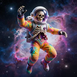 a psychedelic cosmonaut skeleton tearing his suit off, rainbow melting color scheme, floating in the cosmos nebula, glass space helmet, Beksinski, Greg Hildebrandt, 8k highly detailed ❤️‍🔥 🔥 💀
