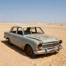 an old broken down and rusted car sits alone in the middle of the egyptian desert, digital art, highly detailed, realistic, bright colors, 8 k