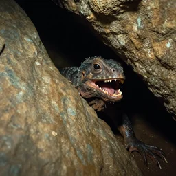 photo inside a cavern of a wet reptilian humanoid miles davis partially hidden behind a rock, with black eyes, open mouth and big teeth