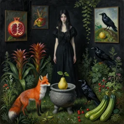 realistic painting of a witchy female artist's garden, black dripping walls, tall emo girl, stone cauldron, a fox, a pear, paintings on black walls, pomegranate, bromeliads, herbs, raven, courgettes, berries, zen, sensual, surrealist painting by magritte and rousseau