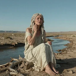 65-year-old tree-like Gaia Goddess crying one emotionless tear as she sits on a dried up river in a desolate land, blue sky, hot and sunny, highly-detailed, elegant, dramatic lighting, artstation, 4k, cinematic landscape, photograph by Elizabeth Gadd