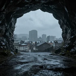 a cold and melancholic city in a dark cavern, rainy and gloomy atmosphere, viewed from afar, fantasy digital art, octane render, beautiful composition, trending on artstation, award - winning photograph, masterpiece
