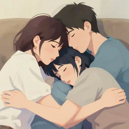 very close - up painting of three young people cuddling in the sofa, 2 8 4, romantic, group hug, polyamory, highly detailed, smooth, stylized, vector line art, clean cel shaded vector art, by lois van baarle, ross tron, artgerm, helen huang, makoto shinkai, ilya kuvshinov, rossdraws