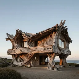 architectural photography of a house made of driftwood, natural and organic and flowing, on the coast, wide angle, shot from a low angle, great lighting, cinematic.