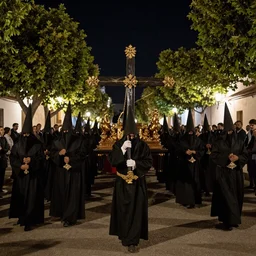 A Holy Week procession of souls in a Spanish village at night. There are many trees. A figure at the front holds a cross.