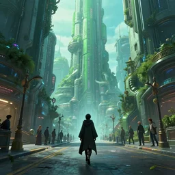 a portrait of a small person wearing a cloke in the middle foreground walking in the street of a great green and blue sci-fi city by Greg Rutkowski, Sung Choi, Mitchell Mohrhauser, Maciej Kuciara, Johnson Ting, Maxim Verehin, Peter Konig, final fantasy , mythical, 8k photorealistic, cinematic lighting, HD, high details, atmospheric,