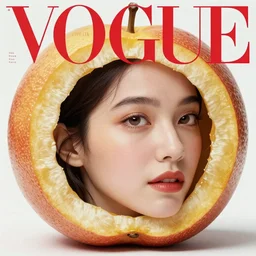 vogue magazine, elle magazine, anime korean natalie portman face inside a large fruit half peach, ilya kuvshinov, greg rutkowski, john singer sargent, anime, trending on artstation, intricate