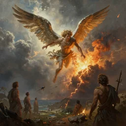 an epic and awe-inspiring bruce pennington digital art landscape painting of Icarus crashing and burning while his father Daedalus looks on in disbelief