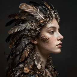 a woman's face in profile, made of bird feathers, in the style of the dutch masters and gregory crewdson, dark and moody