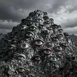 A mountain with many eyes, ominous, horror, HD concept art, 8k ,4k, hyperdetailed, hyperrealistic, realistic, realism, high detail