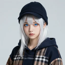 highly detailed portrait of a sewer punk lady student, blue eyes, burberry hoody, hat, white hair by atey ghailan, by greg rutkowski, by greg tocchini, by kaethe butcher, gradient green, black, brown, cream and blue color scheme, grunge aesthetic!!! ( ( graffiti tag wall flat colour background ) )