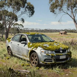hyper realistic painting of an abandoned holden commodore covered with moss, an Australian summer landscape, by Zdzislaw Beksinski