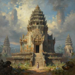 a beautiful painting of a ancient temple on another world by sandra chevrier | wide angle | unreal engine :. 3