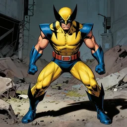 Wolverine in blue and yellow outfit drawn by Rob Liefeld but with realistic feet, 90s comic book, comic book, Marvel, 90s, by Rob Liefeld