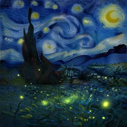 a glowing magical sparkling swamp in the style of van gogh, firefly, dark, night, peaceful, digital painting.