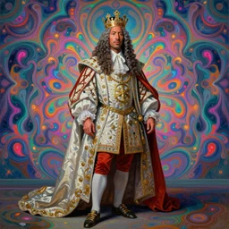 beautiful oil painting, full length portrait of Dwayne the rock Johnson as Louis xiv in coronation robes 1701, Dan Mumford, Dan Mumford, Alex grey, Alex grey, lsd visuals, dmt fractal patterns, visionary art, psychedelic art, highly detailed, ornate, vaporwave