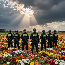 riot police covered in flowers
