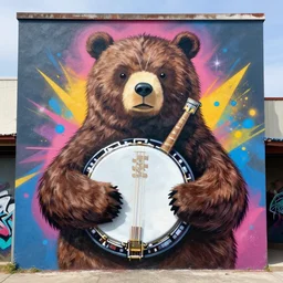 banjo the bear as graffiti mural by lee, masterpiece, trending on artstation