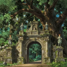 epic city gate out of a mighty oak forest, beautiful architecture, statues, fine detailed, atmosphere, dramatic lighting, cinematic composition, close up, low angle, octane render, by miyazaki, studio ghibli