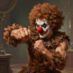 a mustache man wearing brown rags clown wig clown nose, punching, d & d, intricate, elegant, volumetric lighting, scenery, digital painting, highly detailed, artstation, sharp focus, illustration, concept art, ruan jia, steve mccurry