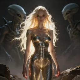 photo, a human stand with a alien from space.