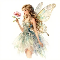 flower fairy, long wavy hair, insect wings, wearing alexander mcqueen dress, tulle, illustration, watercolor, alan lee, detailed, pretty, filigree, ethereal, realistic, artstation,